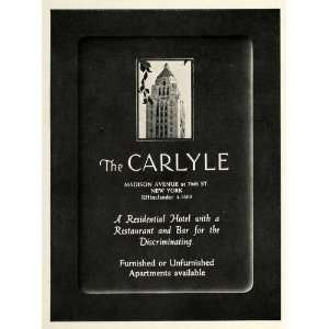  1937 Ad Carlyle Hotel New York Furnished Apartments Bar 
