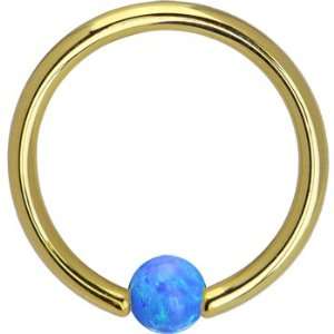   Yellow Gold Blue Synthetic Opal Captive Ring   14 Gauge 3/8 Jewelry