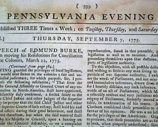 EDMUND BURKE Speech Revolutionary War 1775 PA Newspaper  