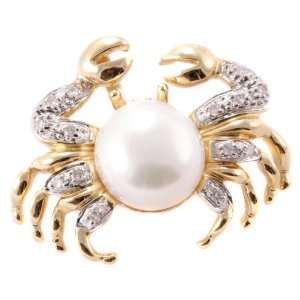    Retro 14k Gold Diamond Acoya Pearl Crustacean Crab Pin Jewelry