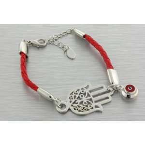   Red Braided Hamsa/Hand of Fatima Bracelet with Evil Eye Charm: Jewelry