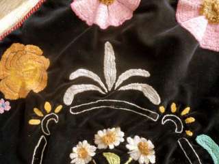 ANTIQUE FRENCH VELVET TABLECLOTH FLOWERS EMBROIDERY  