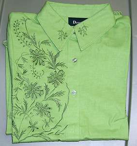   Stretch Big Shirt Top Blouse Floral Embroidered XS Apple Green  