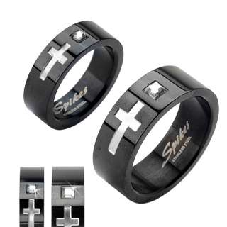   black IP with cross and gem wedding band couple ring mens ring  