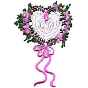    Iron On Embroidered Applique Heart w/Flowers & Bow 