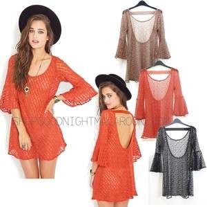 CELEBRITY STYLE CROCHET KNITTED BOHO COUNTRY SCOOP BACK CUTOUT SHIFT 