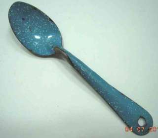 antique ENAMEL SPOON splatter BLUE metal TABLESPOON  