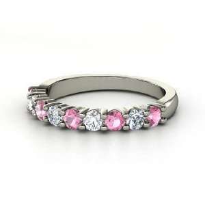 Nine Gem Band Ring, 14K White Gold Ring with Pink Tourmaline & Diamond