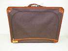 LARGE FRENCH TAPESTRY SUITCASE LUGGAGE BROWN BLACK LEATHER TRIM 28 x 