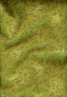 Budding Branches on Green Faux Shibori Sateen Fabric  