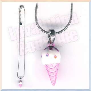 Pink Ice Cream Cone Charm Pendant Necklace Snake Chain  