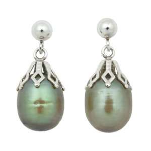   , Circled Green Pearl Drop Earrings with Sterling Silver Ornate Caps