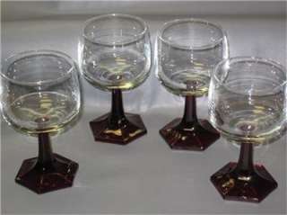 FOUR Stemmed Beverage Glasses Goblets Clear With Ruby Red Stems  