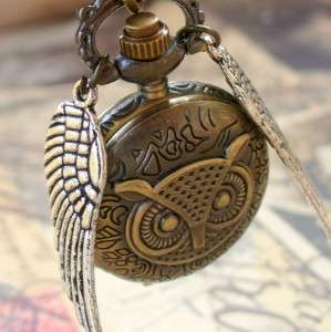 Steampunk pocket watch necklace pendant OWL wings  