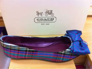 NEW COACH Cambria Tartan Navy Blue Plaid Bow Ballet Flat Heel Shoe 6 