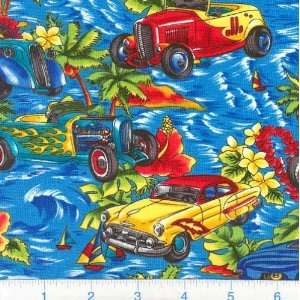  45 Wide Hot Rod Heaven Blue Fabric By The Yard: Arts 
