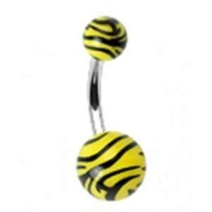Yellow Zebra Print Belly Button Navel Ring with Surgical Steel Bar Non 