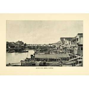 1900 Print Shoreline Canton China Chinese Buildings Bridge River Ships 