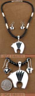   Jewelry Silver Multicolor Bead Necklace And Onyx Earring Bear Set