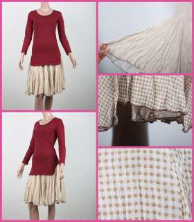 Wine color Side Slit T shirt & Brown Check Skirt Sz M~L  