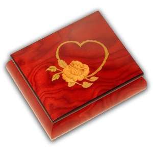  Red Wood Music Box from Ercolano with Hand Inlaid Floral and Heart 