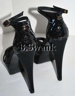 CHANEL Black Sequin Platform Sandal Shoes NEW $1.4K  