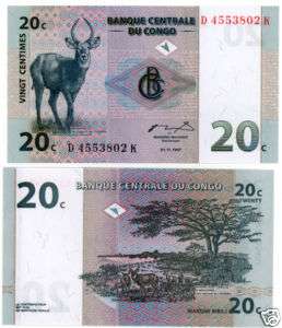 CONGO 20 CENTITME P 83 UNC BANKNOTE Waterbuck 1.11.1997  