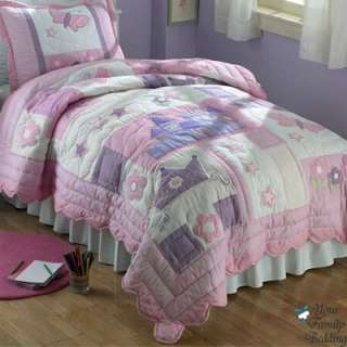 Girl Pink Butterfly Princess Twin Quilt Kid Bedding Set  
