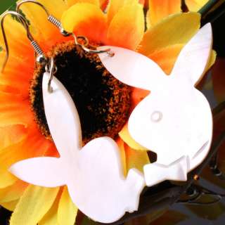 White MOP Shell Carved Cute Rabbit Bead Dangle Earrings  