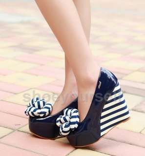 High Wedge Heel Candy color Flower Shoes Deep Blue #511  