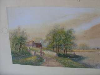 c1890s SIGNED E. LEWIS WATER COLOR PAINTING FARM RIVER  