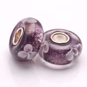 Bleek2Sheek Murano Glass Foil Purple with White Flowers Charm Beads 