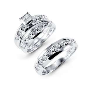    14K White Gold Round Princess Diamond Bride Groom Ring: Jewelry