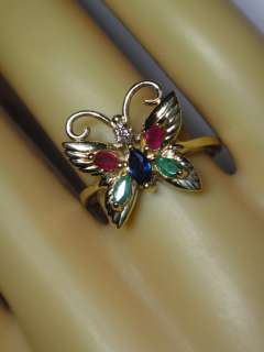 ESTATE 14K Y/GOLD EMERALD RUBY BLUE SAPPHIRE DIAMOND BUTTERFLY RING s7 