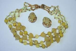 Vintage Sg Hobe Yellow Glass, AB Crystals, Lucite Bells Necklace 