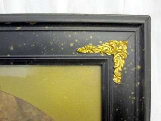 Black and Gold Antique Wood and Gesso Frame w Metal Corner Medallions 