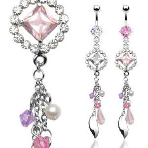  Cubic Zirconia Belly Ring with Pink/Clear Round CZ Pendent 