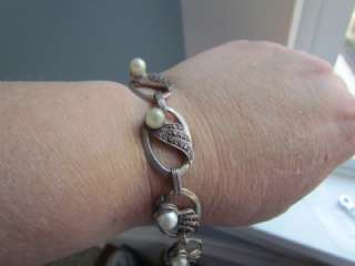   Antique Danecraft Sterling Silver Pearl Marcasite Bracelet  