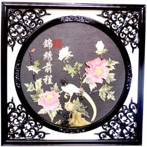  Rich Jade Bird and Flower Picture in Ornate Lacquer Frame 