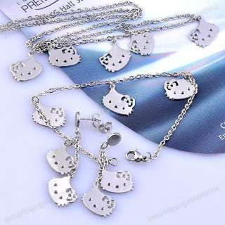   Steel Silvery Hellokitty Jewelry Set Earrings Bracelet Necklace  