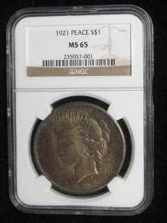 1921 Silver Peace Dollar NGC MS 65   Toned    