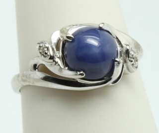 Linde Blue LC Star Sapphire w/ Diamond Chips 10k White Gold Swirl Ring 