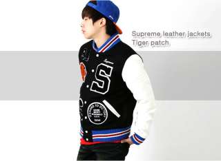 korea_pop Supreme leather sleeve wool varsity letterman jacket detail 
