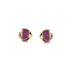  18K Yellow Gold Purple Enamel Fish Earrings (6mm): Jewelry