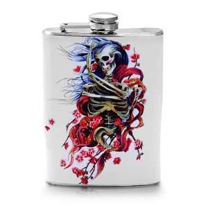 Screw on Top Stainless Steel Wine Hip 8oz Flask   Skull with Flower 