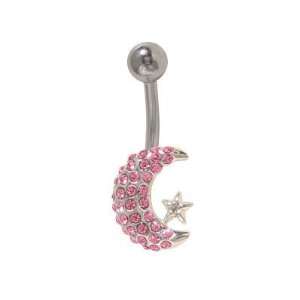  Moon & Star Belly Ring with Pink Jewels: Jewelry