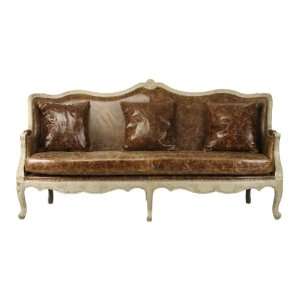   French Country Top Grain Leather Burlap Barrel Back Sofa Home