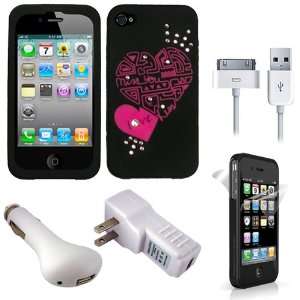   Front and Back of Apple iPhone 4 + USB Car Charger + USB Travel Wall