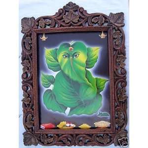 Ganesha Painting on Leaf in Wood Craft Frame,