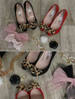 Ladylike Leopard Flat Ribbon Bow Suede Pumps/Red/Black  
